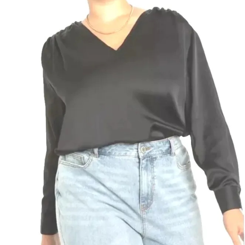 Eloquii Blouse Poet Satin Black Draped Shoulder V-Neck Career Office Plus 26W 4X